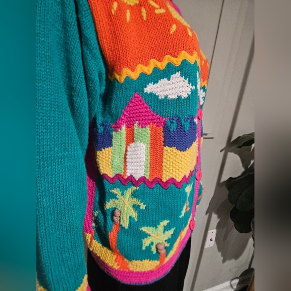 Vintage Hand Knit Beach Scene Cardigan – Statement Graphic Sweater. S/M - Picture 13 of 16
